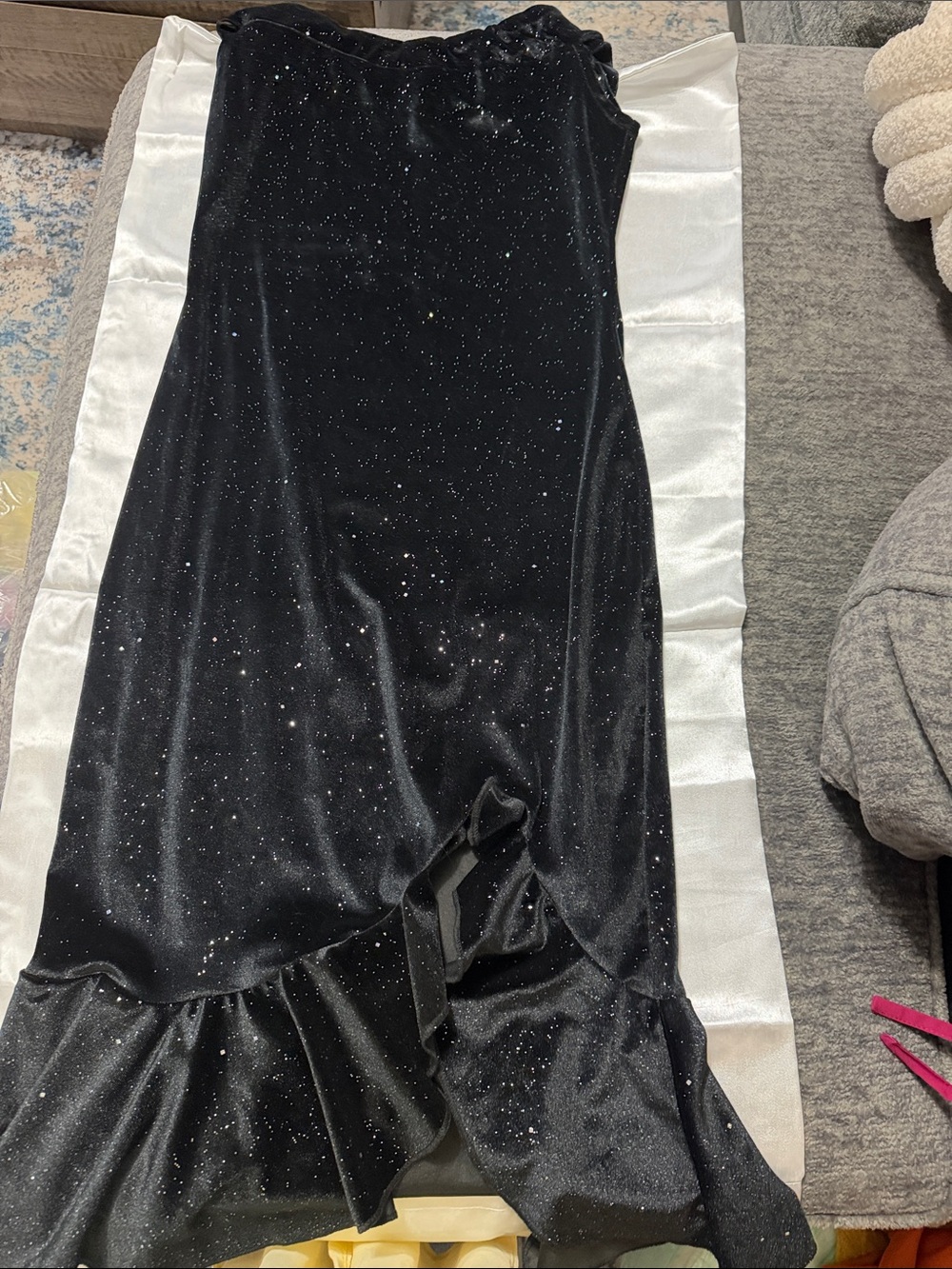 SHEIN Black Sparkle Velvet High-Low Ruffle Dress